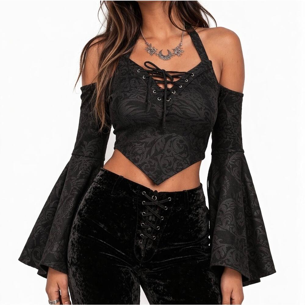 Killstar‎ Gothic Goth Vintage Victorian Halter Neck Crop Top Size XXL Black